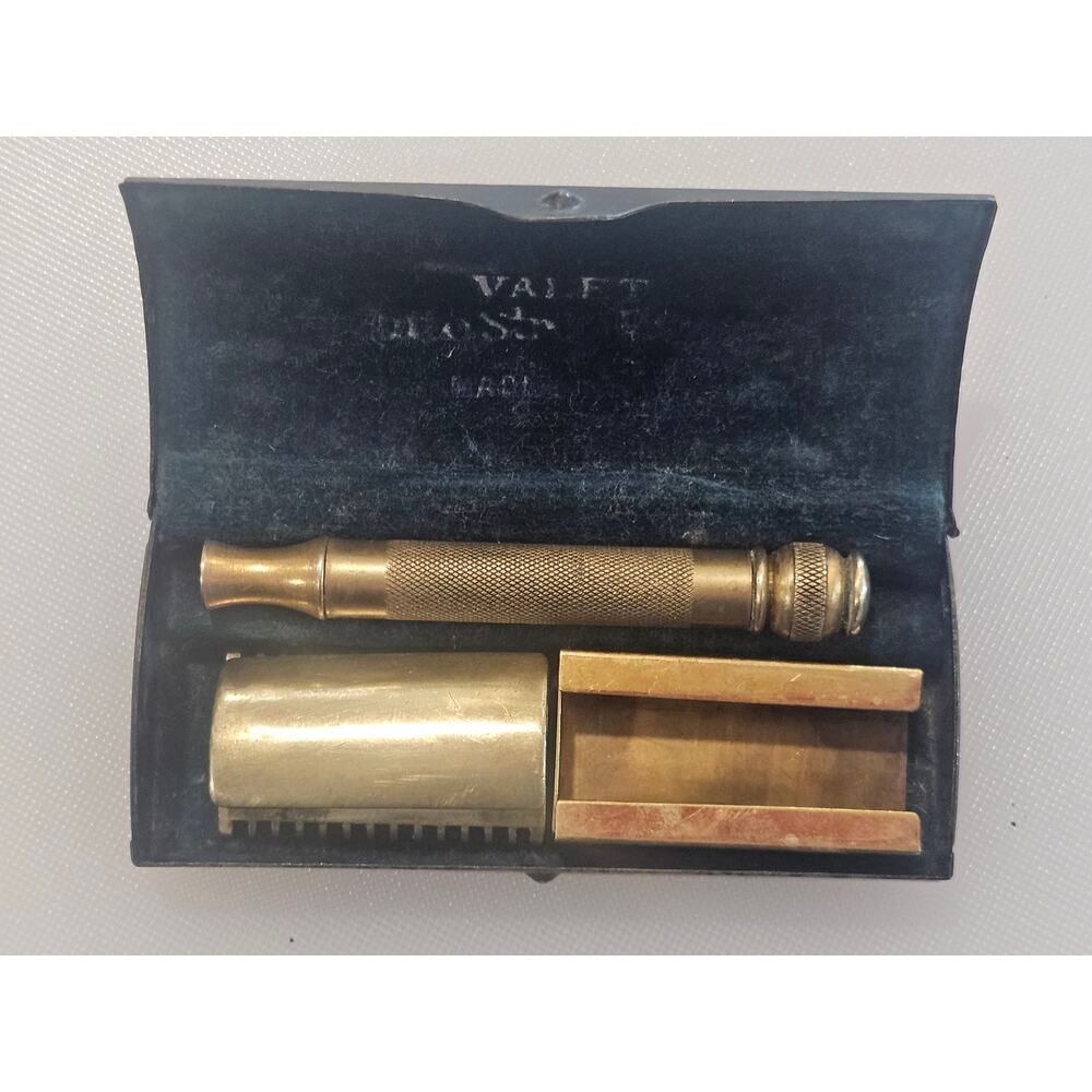 Vintage Gillette Valet Razor Ball Cap Metal Case 1920s Brass with box